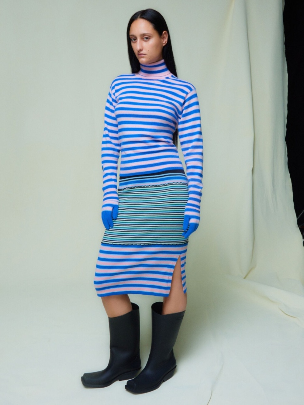 Marni Uniqlo Striped Knit Midi Skirt in Blue, Pink, Black